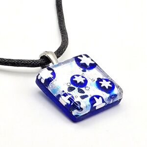 Blue White Millefiori‎ Star Fused Glass Square Pendant Black 16" Cord Necklace